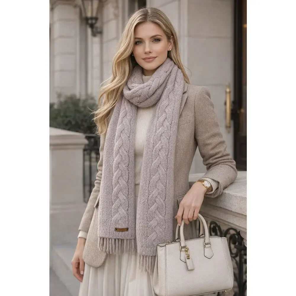 Coach Blush Pink Cable Knit Chunky Mohair Wool Blend Leather Tag Scarf Sz 23x80